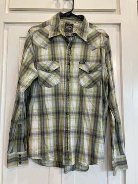 Southern Thread white/green/black plaid pearl snap western shirt L 100% Cotton